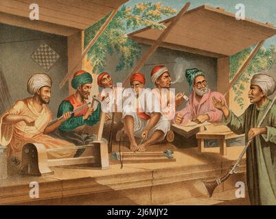 Turkish craftsmen in Constantinople. From left to right: passementerie maker, pipe maker, wood turners, babouche embroiderer and gunsmith. Chromolithography. Illustration by José Acevedo. Lithograph by José Maria Mateu. 'Viaje a Oriente', 1878. Stock Photo