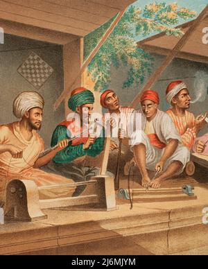 Turkish craftsmen in Constantinople. From left to right: passementerie maker, pipe maker and wood turners. Chromolithography. Illustration by José Acevedo. Lithograph by José Maria Mateu. Detail. 'Viaje a Oriente', 1878. Stock Photo