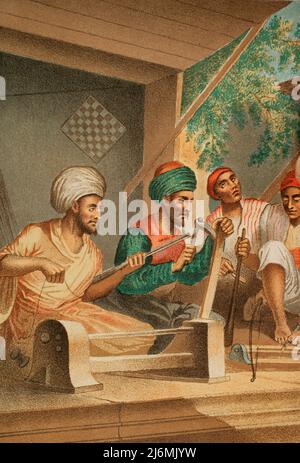 Turkish craftsmen in Constantinople. From left to right: passementerie maker, pipe maker and wood turner. Chromolithography. Illustration by José Acevedo. Lithograph by José Maria Mateu. Detail. 'Viaje a Oriente', 1878. Stock Photo
