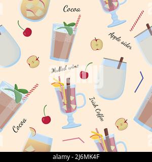 Alcohol drinks and cocktails seamless pattern. Apple sider, mulled wine. Stock Vector