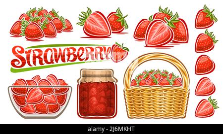 Vector Strawberry Set, lot collection of cut out illustrations strawberry still lifes with green leaves, ripe cartoon berries in glass plate, full str Stock Vector