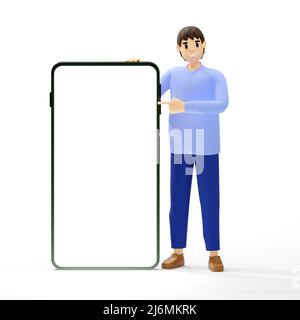 Man standing presents next to a large phone with a white screen. 3D rendering Stock Photo