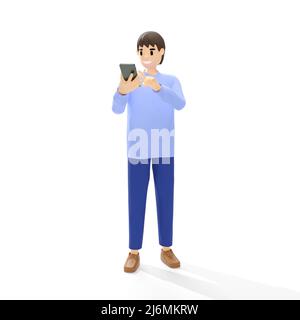 3D man standing using mobile phone on white background, 3D Rendering Stock Photo