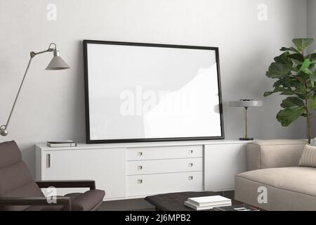 Black horizontal frame mock up on the cabinet. 3d render Stock Photo