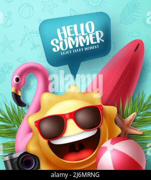 Summer vector poster design. Hello summer greeting text in speech bubble with sun emoji character in doodle pattern background. Vector illustration. Stock Vector