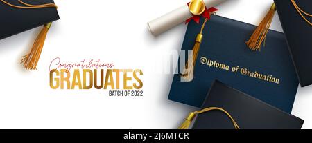 Graduation greeting vector background design. Congratulations graduates text with 3d diploma, holder and mortarboard cap elements for college grad. Stock Vector