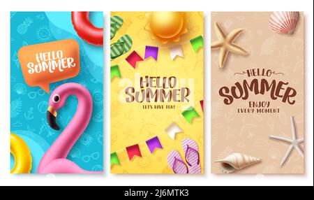 Summer poster vector set design.  Summer greeting collection in pattern space background for tropical season decoration design. Vector illustration. Stock Vector