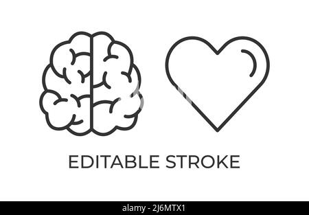 Brain heart balance. The struggle of emotions and rational thinking. Vector illustration. Editable stroke linear icon. Stock Vector