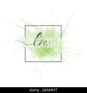 Calligraphic lowercase letters L and N are written in a solid line on a colored background in a frame Stock Vector