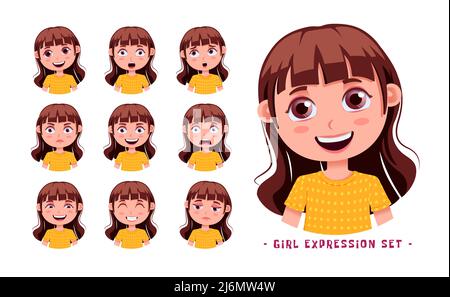 Girl kid student vector characters set design. School girls expression collection isolated in white background with friendly, cute and happy. Stock Vector