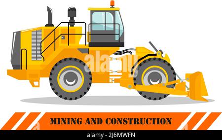 Detailed illustration of wheel dozer. Bulldozer. Heavy mining machine equipmente and construction machinery. Vector illustration. Stock Vector