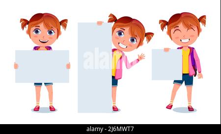 School girls presenting vector character set. School female set holding and showing whiteboard elements isolated in white background for educational. Stock Vector