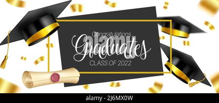 Graduation greeting vector template design. Congratulations graduates text with 3d mortarboard cap and diploma in confetti background for class. Stock Vector