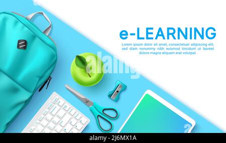 Online education vector background design. E-learning text with backpack bag, tablet and keyboard device elements in blue color for educational. Stock Vector