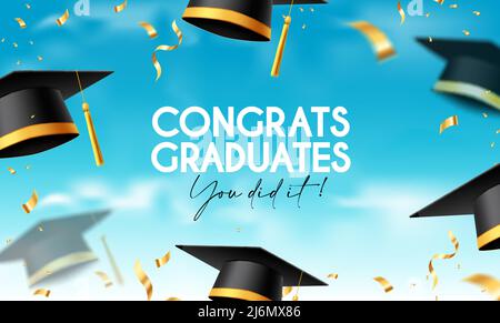 Graduation greeting vector background design. Congrats graduates text with 3d cap throwing celebration and elegant gold confetti for graduation. Stock Vector