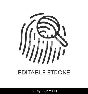 Evidence fingerprint. Proof left behind by criminals. Traces of a crime. Judicial materials. Vector illustration. Editable stroke linear icon. Stock Vector