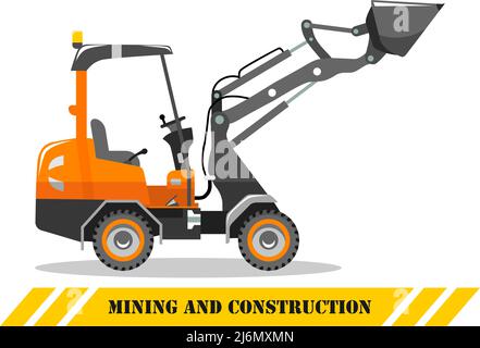 Detailed illustration of skid steer loader. Heavy mining machine equipmente and construction machinery. Vector illustration. Stock Vector