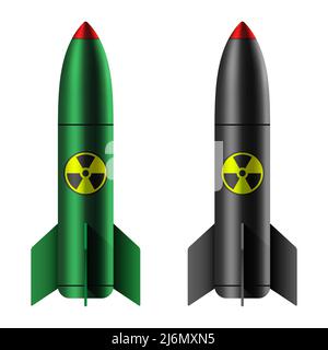 An atomic bomb isolated on a white background. Green and black nuclear weapon with radiation icon, vector illustration. Stock Vector