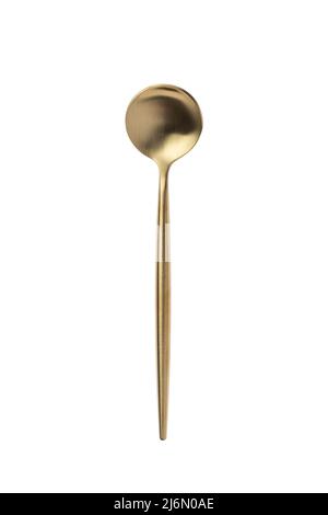 Small round golden spoon isolated on a white background. Top view. Metal teaspoon Stock Photo