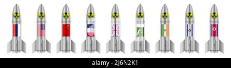 Atomic bombs with flags of nuclear states, vector illustration, isolated on white background. Stock Vector