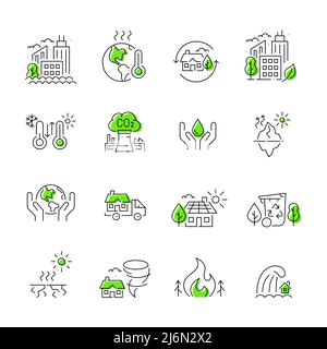 Global warming effects and prevention. Water conservation, clean energy, recycling. Pixel perfect, editable stroke line art Stock Vector