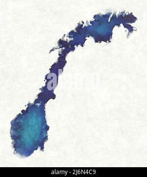 Norway map with drawn lines and blue watercolor illustration Stock Photo