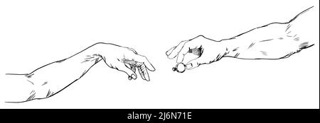 Marriage proposal. A man's hand holds out a ring for a woman's hand. Hands reaching out to each other, engagement. Vector illustration in sketch style. All elements are isolated on white background Stock Vector