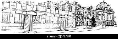 City landscape vector graphics. Black and white illustration in sketch style, city street Stock Vector