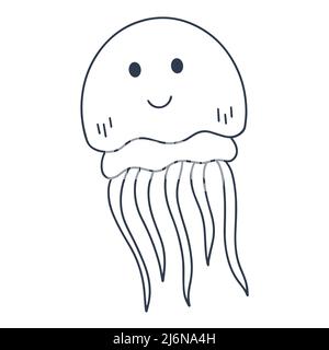 Funny cute jellyfish smiling outline drawing doodle illustration. Sea life coloring book. Isolated sea underwater character. Decoration for baby thing Stock Vector