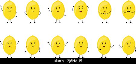 Lemon. Cute fruit characters with different emotions, vector illustration Stock Vector