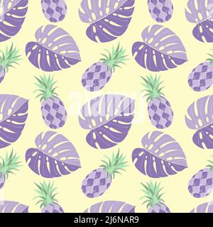 Summer pattern with pineapple doodle and monstera purple violet, yellow background. Vector illustration Stock Vector