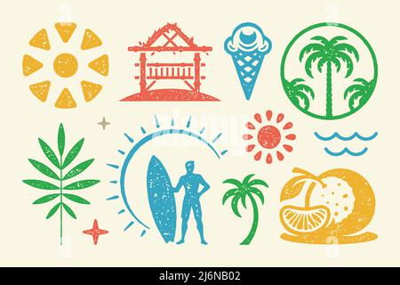 Summer symbols and objects set vector illustration. Orange with slice and palm grove. Tropical plant sprig with stars and waves symbols. Ice cream con Stock Vector