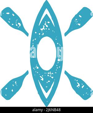 Top view sports boat with two crossed paddles blue grunge texture vector illustration. Hand drawn minimalist logotype of extreme adventure aquatic lei Stock Vector