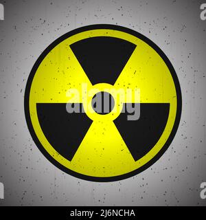 Radioactive warning sign on a grunge wall background. Circle shape black and yellow radioactivity vector symbol. Stock Vector