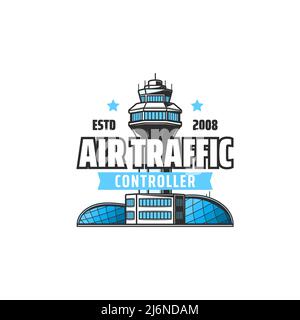 Air traffic control icon with vector tower and airport terminal building. Airplane or plane aircraft location in airspace, flight observations and aviation communication services isolated symbol Stock Vector