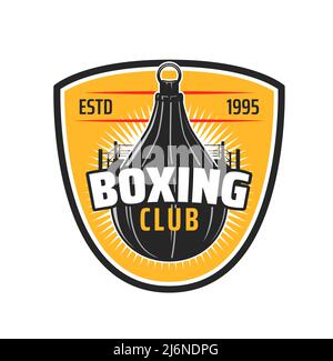 Boxing club icon, fighting club or sport gym vector emblem. Boxing ring, teardrop shape punching bag. Boxing club tournament or championship, sport arena event retro label or sticker Stock Vector