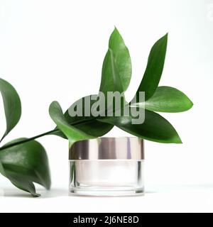 A mock up white jar of cream on a white gray background, on a white table with green leaves of a tropical plant, with hard shadows. Stylish look of th Stock Photo
