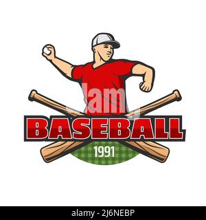 Baseball sport icon with pitcher player throwing ball and crossed bats. Baseball sport professional league team symbol, game championship vector sticker or emblem. Baseball sport club retro symbol Stock Vector