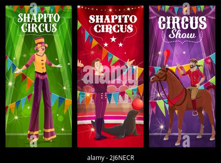 Shapito circus seal trainer, acrobat and horse rider characters vector banners of carnival show. Funfair or amusement park cartoon performers on circus big top tent stage with lights and flags Stock Vector