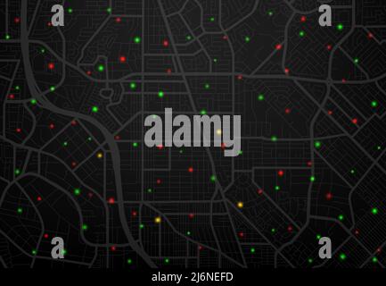 Surveillance or satellite traffic tracking. City map screen with traffic jam, danger and safety road points vector background with metropolis street satellite view, city blocks with glowing dots Stock Vector