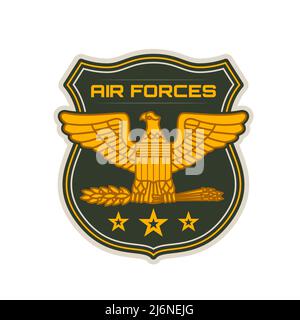 Air forces heraldic icon vector shield with gold eagle, wings, arrows and stars. Army or navy aviation, military aircraft division, flight, group or squadron isolated symbol and patch design Stock Vector