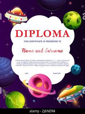 Ufo in fantastic universe galaxy between space planets, kids diploma. Education vector certificate with fantasy cartoon galaxy space and alien saucers. Achievement award frame Stock Vector
