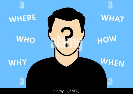 Head of a man with a question mark and words where, who, why, what, how, when that surround him. Vector illustration Stock Vector