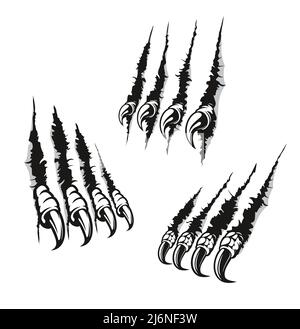 Claw marks scratches bird of prey and dragon long nails. Vector monster fingers tear through paper or wall surface. Beast paw sherds attack, isolated wild animal rips, four talons traces break slashes Stock Vector