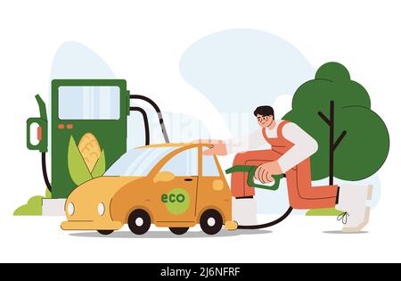 Flat man refueling car with biofuel on petrol station. Character driver hold fuel nozzle and fill auto of ethanol or biodiesel from biomass corn. Green ecology alternative energy concept. Stock Vector