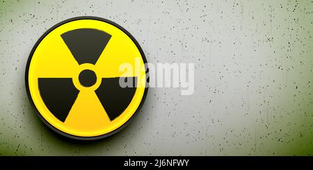 Radiation button on a grunge wall background. Nuclear alert black and yellow vector icon. Stock Vector