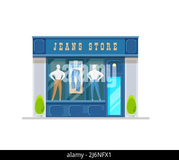 Jeans clothing shop building storefront. City street store, mens clothing shop classic, retro design showcase with mannequin or dummy in jeans pants. Local business commercial property building Stock Vector