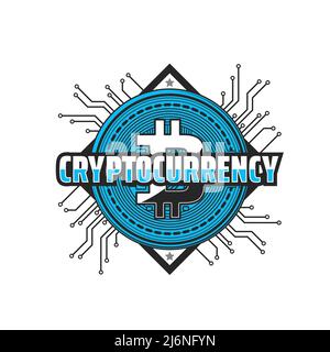 Cryptocurrency icon with bitcoin coin on motherboard tracks. Blockchain and data encryption technology, future money and digital currency, online payment vector emblem, label or icon Stock Vector