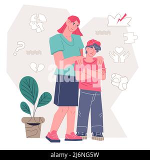 Woman comforts her upset son. Mother provides psychological support to the child in a difficult situation. Trusting friendships between parents and ch Stock Vector