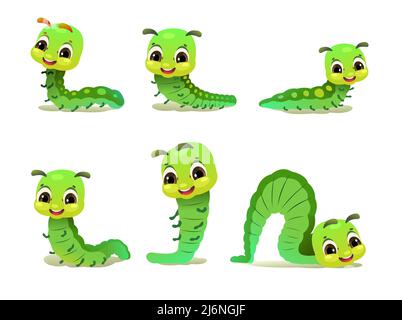 Set of Caterpillar. wildlife object. Little funny insect. Cute cartoon style. isolated on white background. Vector. Stock Vector